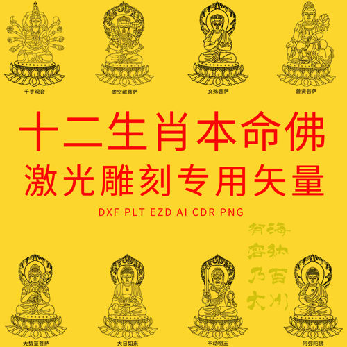 12生肖本命佛DXF激光打标雕刻专用CAD矢量图 PLT制作八大守护神