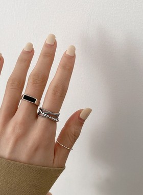韩国S925银几何黑色长方形戒指女复古食指环欧美学生简约饰品潮