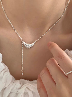 甜美牛角包吊坠项链女链条流苏百搭S925镀银锁骨链ins风网红颈链