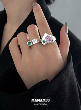 韩版S925银彩色宝石戒指女复古时尚爱心几何开口指环甜美食指戒潮