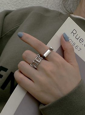 时尚S925银个性感叹号戒指女复古气质几何镂空开口指环嘻哈食指戒