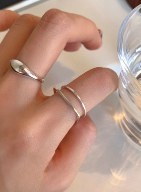 简约水滴素圈戒指女几何不规则双层线条S925银开口指环ins食指戒