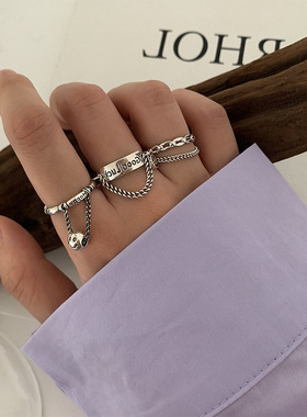 韩版S925银个性微笑脸戒指女复古时尚嘻哈链条流苏开口指环食指戒