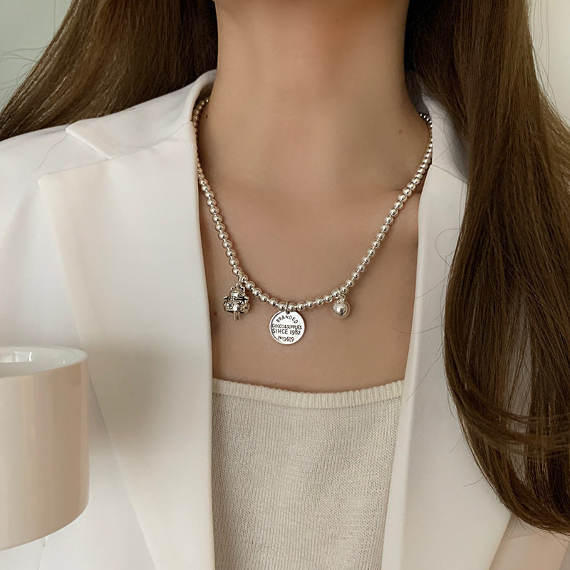 复古时尚S925银铃铛猫圆牌项链女气质个性算盘锁骨链圆球毛衣链潮
