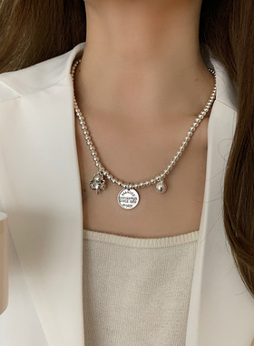 复古时尚S925银铃铛猫圆牌项链女气质个性算盘锁骨链圆球毛衣链潮