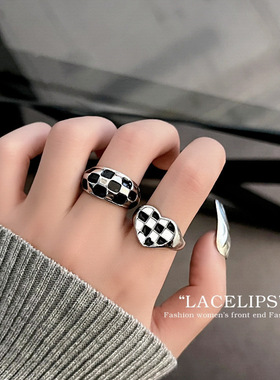 韩版S925银爱心棋盘戒指女复古时尚简约几何开口指环拼色食指戒潮