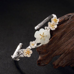 民族风S925银玉兰花手镯女复古时尚气质桃花手环国潮立体花朵手饰