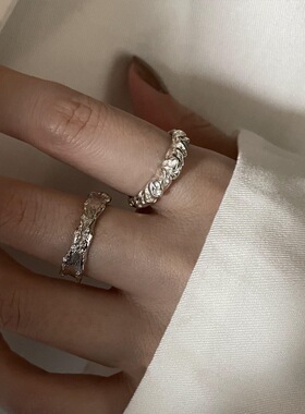 几何不规则褶皱戒指女复古时尚百搭S925银开口指环ins小众食指戒