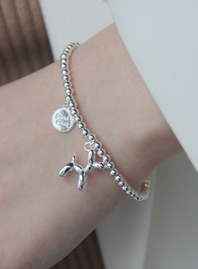 可爱气球狗手链女个性时尚气质圆牌字母luckS925银手环ins手饰潮