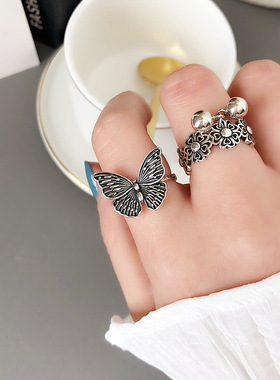 韩版S925银气质蝴蝶戒指女复古时尚重工开口指环跨境创意食指戒潮