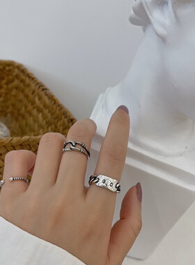 韩版S925银简约笑脸戒指女复古时尚绳结网格开口指环创意食指戒潮