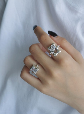 韩版S925银幻境创意戒指女复古时尚优雅宝石开口指环不规则食指戒