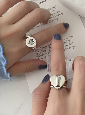 日韩S925银甜美爱心戒指女复古时尚气质桃心型开口指环嘻哈食指戒