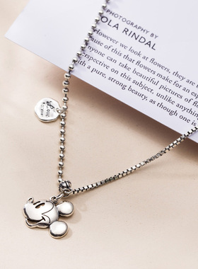 S925银复古做旧米奇项链女米老鼠卡通不对称嘻哈重工毛衣链潮