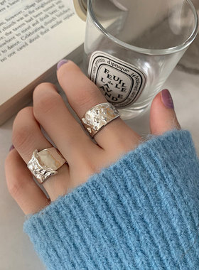 韩版S925银个性月牙戒指女复古时尚流星开口指环宽边嘻哈食指戒潮