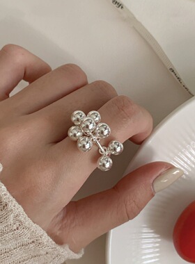 甜美葡萄串戒指女优雅个性设计感小圆珠S925银开口指环食指戒