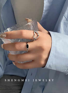 韩版S925银镂空爱心戒指复古时尚链条桃心开口指环个性嘻哈食指戒