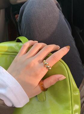 欧美S925银个性牛角包戒指女复古时尚镂空可颂开口指环嘻哈食指戒