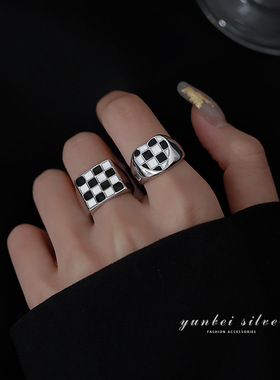 棋盘网格S925银戒指女复古时尚重工黑白拼色开口指环气质食指戒潮