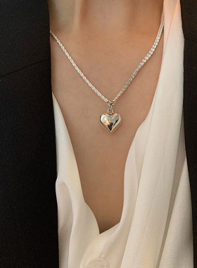 韩版S925银闪亮锆石拼接项链女复古时尚重工爱心锁骨链个性毛衣链