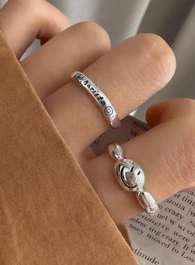 个性表情包戒指女韩版时尚豆豆笑脸字母S925银开口指环甜酷食指戒