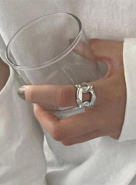 韩版S925银几何镂空戒指女复古时尚个性链条开口指环嘻哈食指戒潮