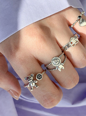 韩版做旧小狮子小熊戒指女925银网红复古小众个性嘻哈开口食指环