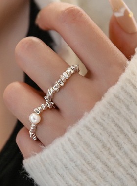 几何珍珠碎银串珠戒指女法式复古浪漫S925银指环甜酷叠戴食指戒潮