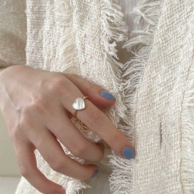 韩版S925银个性贝母心型戒指女复古时尚气质桃心开口指环食指戒潮