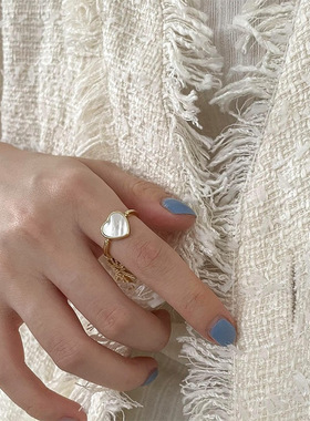 韩版S925银个性贝母心型戒指女复古时尚气质桃心开口指环食指戒潮