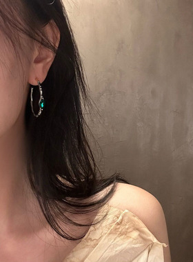 绿色锆石耳环女简约时尚夸张大圆圈C型S925银针耳钉ins嘻哈耳饰潮