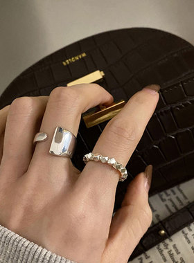 日韩S925银几何方块切割戒指女复古时尚不规则开口指环嘻哈食指戒