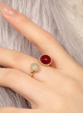 法式复古酒红色戒指女小众设计感轻奢S925银开口个性食指环潮