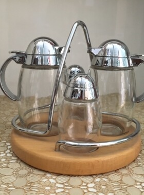 利快德国进口Emsa玻璃调味组调味瓶调味架调味罐4件套榉木座