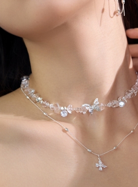 原创设计超闪白水晶蝴蝶纯银项链