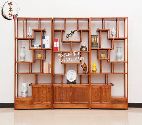 博古架实木中式 明清仿古榆木多宝阁小摆件书架装饰展示架柜隔断 - 封面