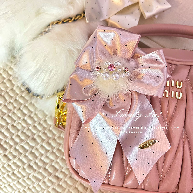 千金少女dolly波点~珍珠水钻貂毛甜美缎面蝴蝶结胸针发夹两用领花