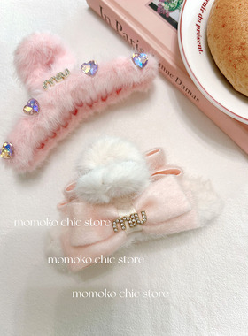 甜甜圈少女~秋冬精致毛毛抓夹 毛绒发夹女后脑勺2022新款高端网红