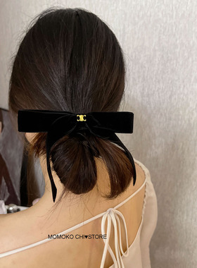 法式优雅高级凯旋门黑色丝绒蝴蝶结头饰 扎头发圈头绳 发夹后脑勺
