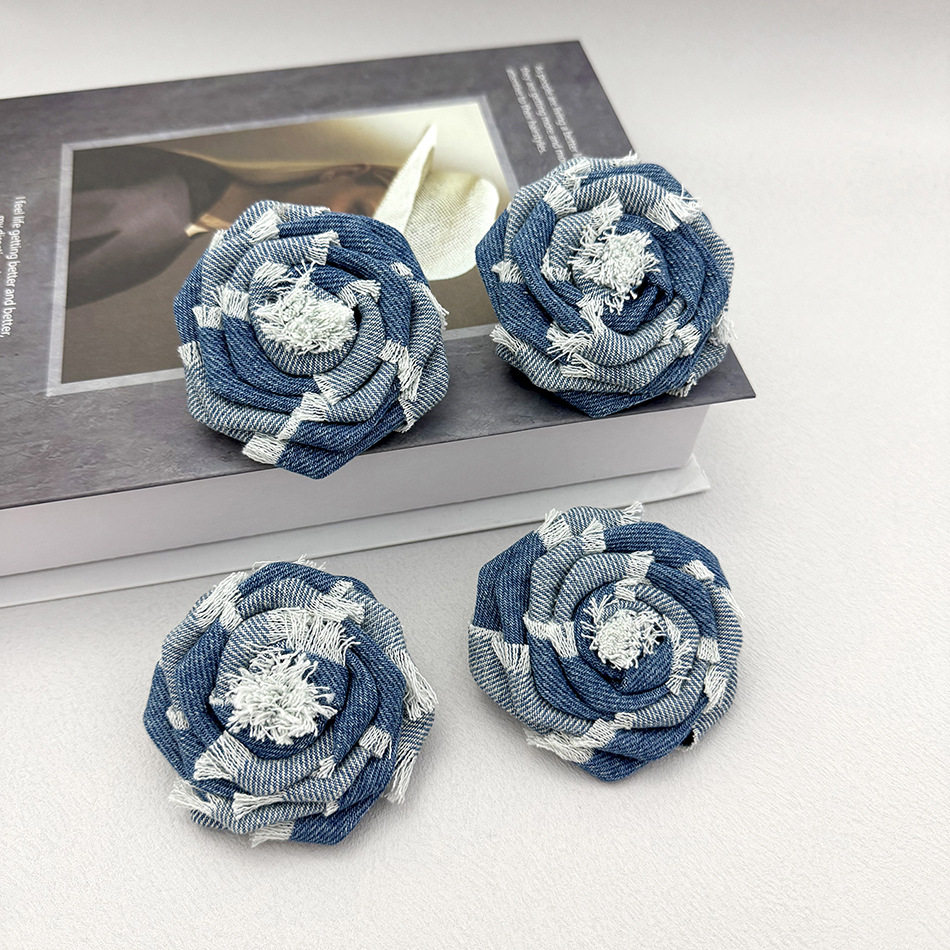 牛仔蓝布艺山茶花胸花小众个性别针立体毛边玫瑰胸针鞋帽服饰配饰