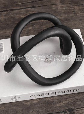 拍前询价现代简约黑色树脂抽象A绳结摆件书镇样板房售楼处客厅议