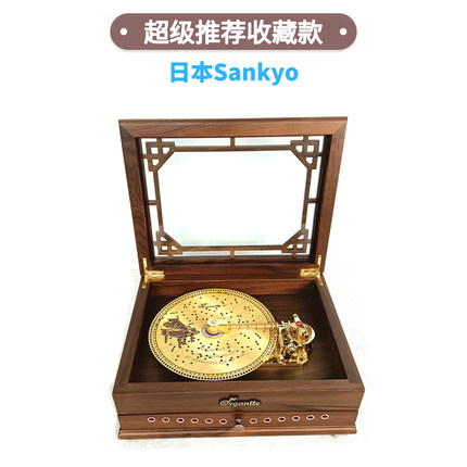 日本sankyo公主木质复古唱盘八音乐盒上发条金属机械女生日手动