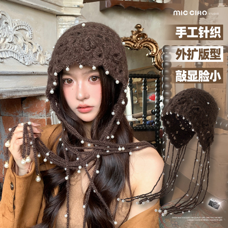 手工镂空针织包头帽子女民族风珍珠吊坠套头帽大头围毛线帽显脸小