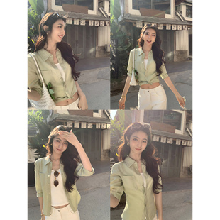 MULVAN 优雅干练 老钱风1OO亚麻中袖衬衫女气质收腰翻领衬衣开衫