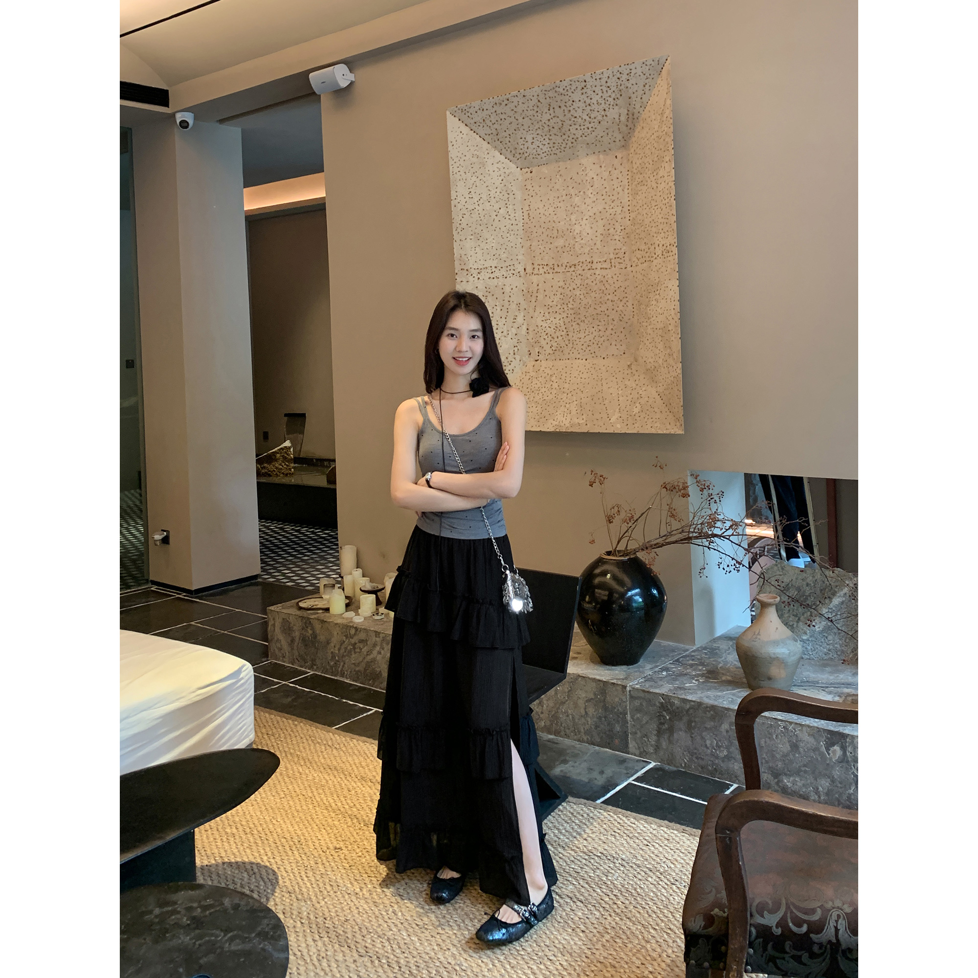 MULVAN 豹纹半身裙女设计感荷叶边开叉裙子松紧高腰显瘦a字长裙夏