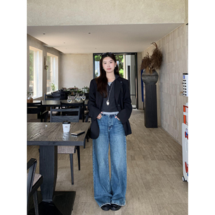 高腰垂感长裤 MULVAN 女秋季 复古蓝色直筒牛仔裤 子 现货7.5折