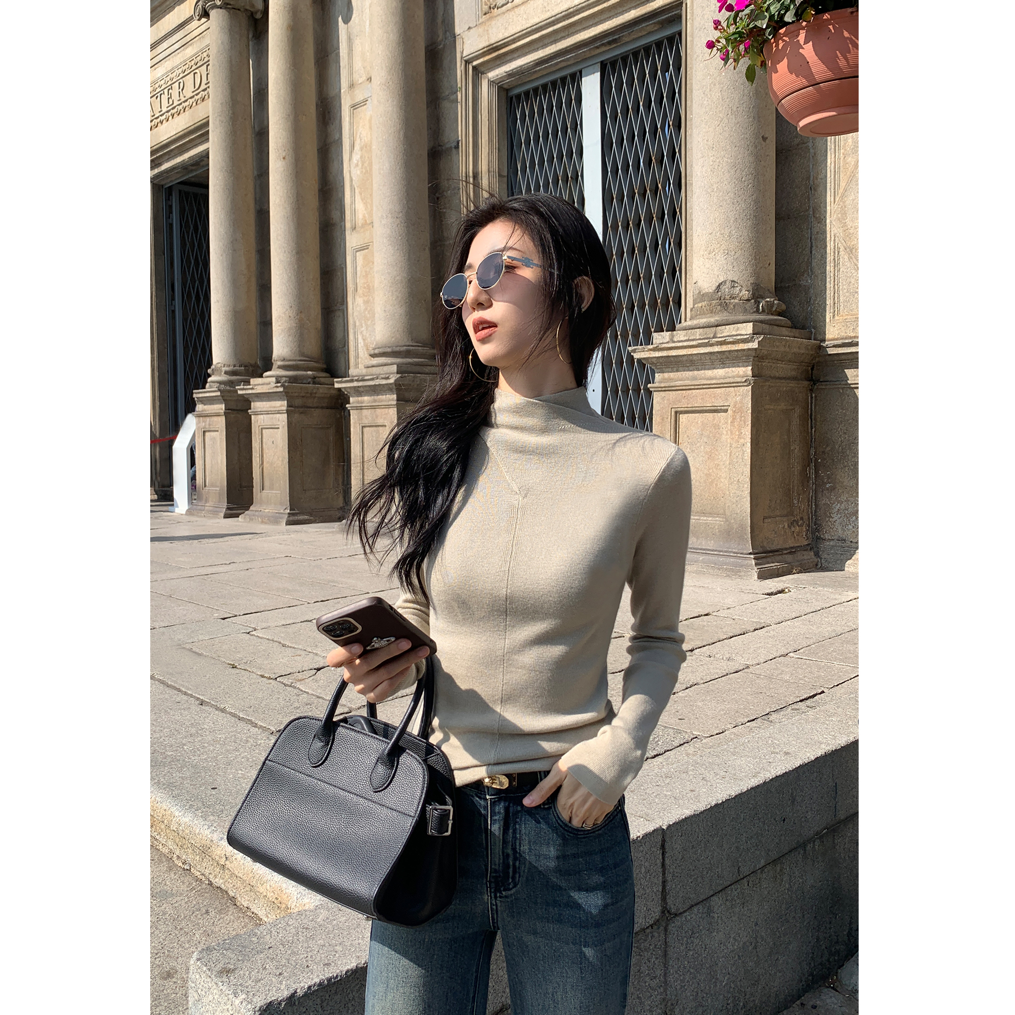 MULVAN 文艺风范 半高领长袖针织衫女设计感交叉修身打底内搭上衣