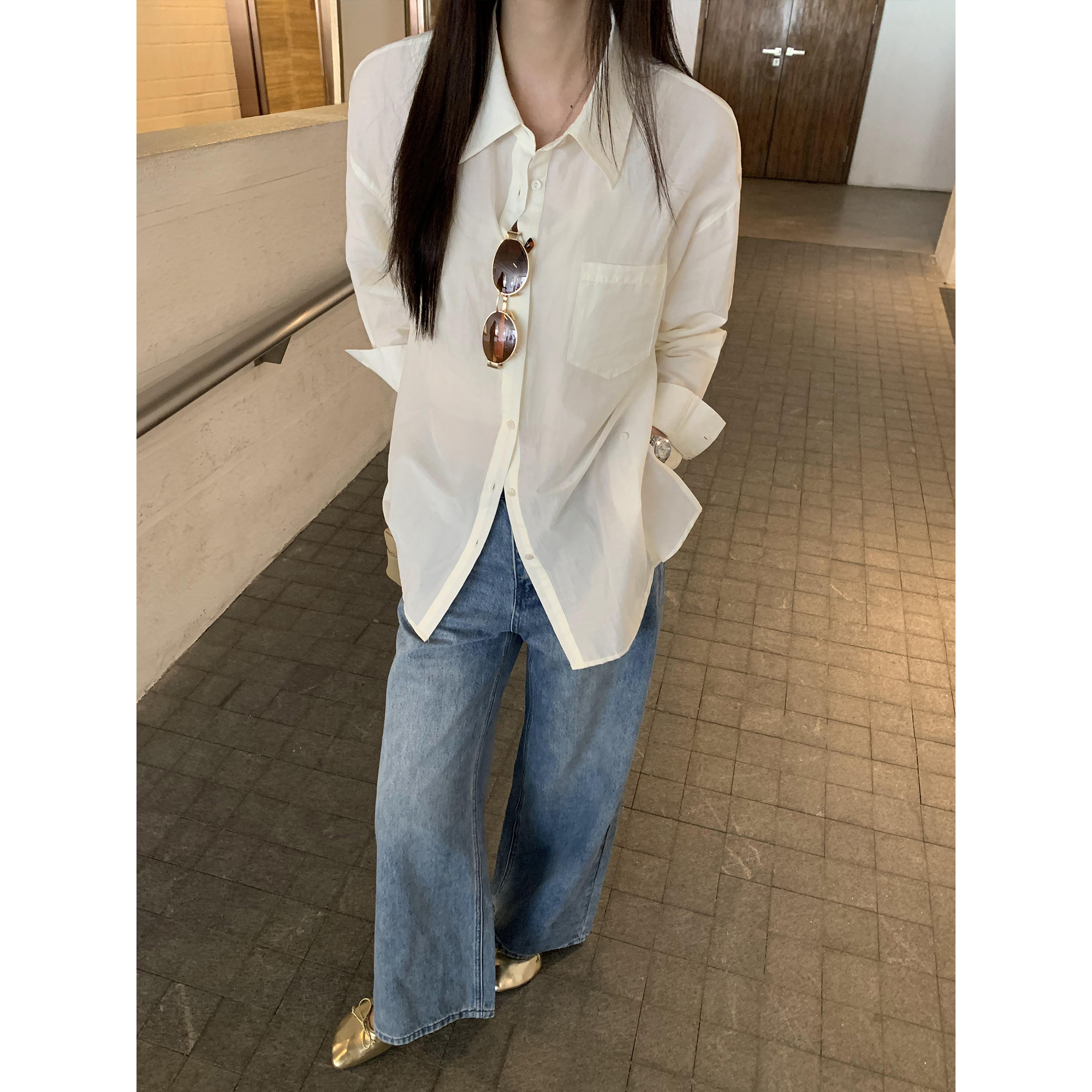 MULVAN 基础大板宽松长袖衬衫女开衫春夏韩版轻薄透气衬衣小外套