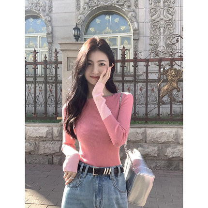 MULVAN 撞色长袖针织衫女秋冬设计感小众圆领修身内搭打底上衣