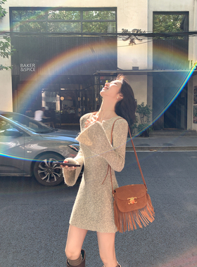 MULVAN 性感v领针织连衣裙女秋冬修身内搭收腰打底包臀短裙